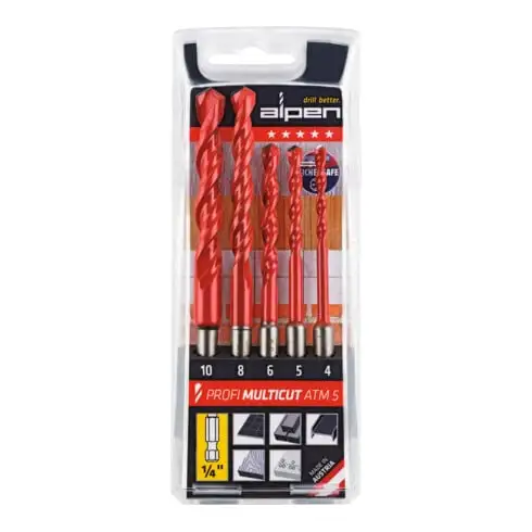 ALPEN Jeu de forets à embout multi-usages en carbure, 1/4 pouce (E 6,3),⌀ foret: 4-10 mm