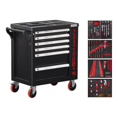 Chariot d'atelier BGS 6 tiroirs 1 porte latérale avec 158 outils 6055
