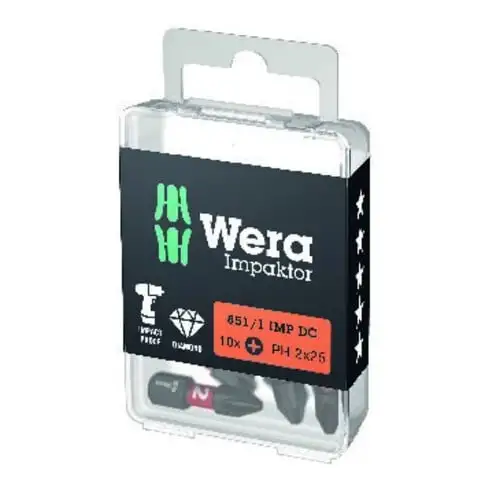 Embout 851/1 IMP DC PH2 L.25mm 1/4 pouce C6,3 Impaktor,DC Boîte avec 10 embouts WERA