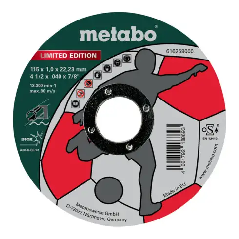 Meule de tronçonnage Metabo Limited Edition Soccer 115 x 1,0 x 22,23 mm, Inox, version droite