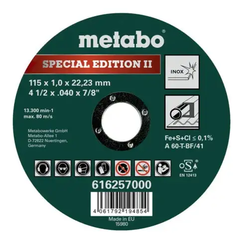 Meule de tronçonnage Metabo Special Edition II 115 x 1,0 x 22,23 mm, Inox, version droite