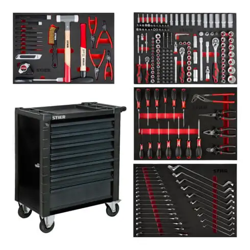 Servante d'atelier STIER avec dispositif de protection et porte latérale, garnie, 241 pièces