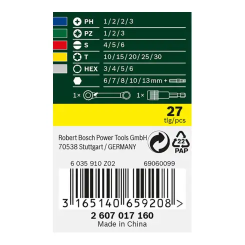 Set d’embouts de vissage + cliquet, 27 pièces