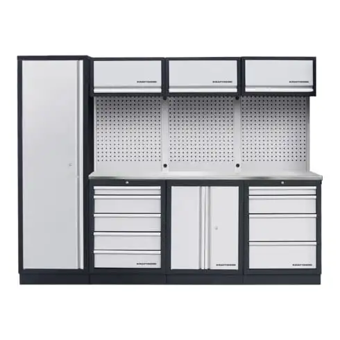 Système d'armoire d'atelier à 4 éléments Kraftwerk en acier inoxydable à trous carrés de 2640 mm de long