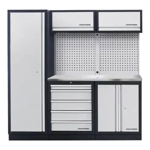 Unité murale Kraftwerk à 3 éléments avec plan de travail mural carré perforé en Inox