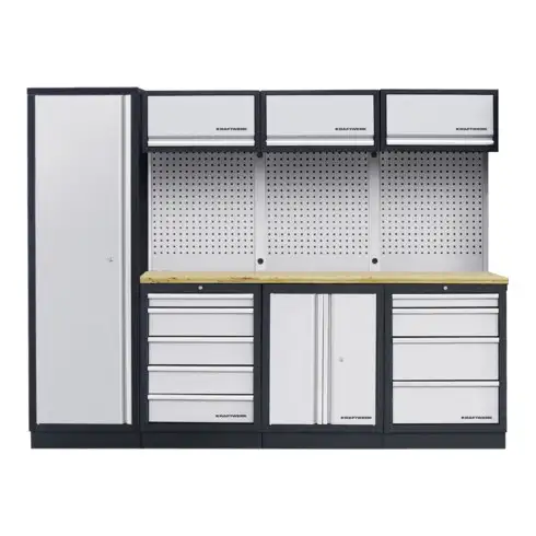 Unité murale Kraftwerk à 4 éléments avec un mur à trous carrés de 2640 mm de long Plan de travail multiplex