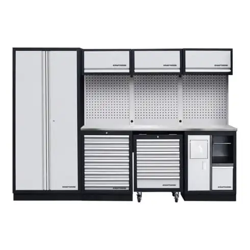 Unité murale Kraftwerk à 4 éléments avec un mur à trous carrés longueur de 2955 mm Plan de travail en Inox