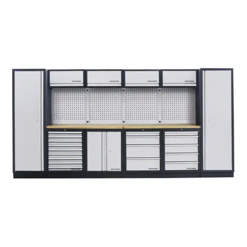 Unité murale Kraftwerk à 6 éléments avec un mur à trous carrés longueur 3920 mm Plan de travail multiplex