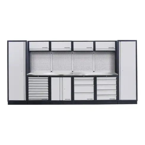 Unité murale Kraftwerk à 6 éléments avec un plan de travail INOX à trous carrés de 3920 mm de long